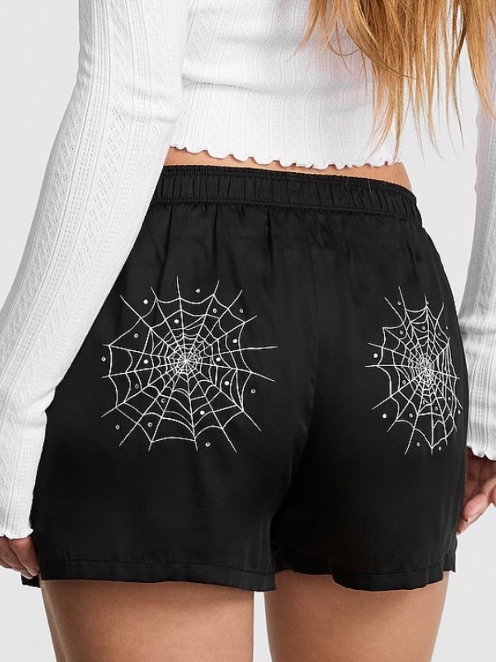 🕷️PINK Victoria’s Secret Silky Pajama Shorts Black Diamante Bling Spider Webs L